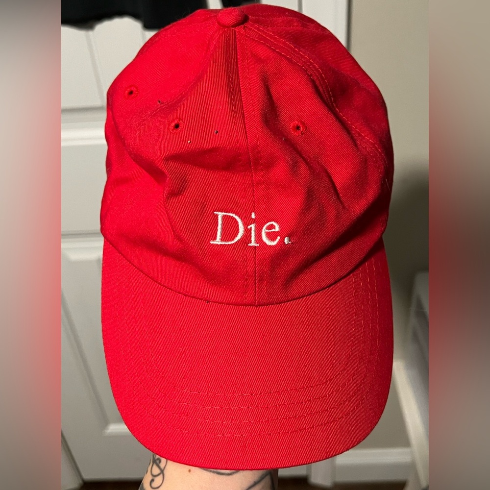 Red Cap with White “Die” Embroidery